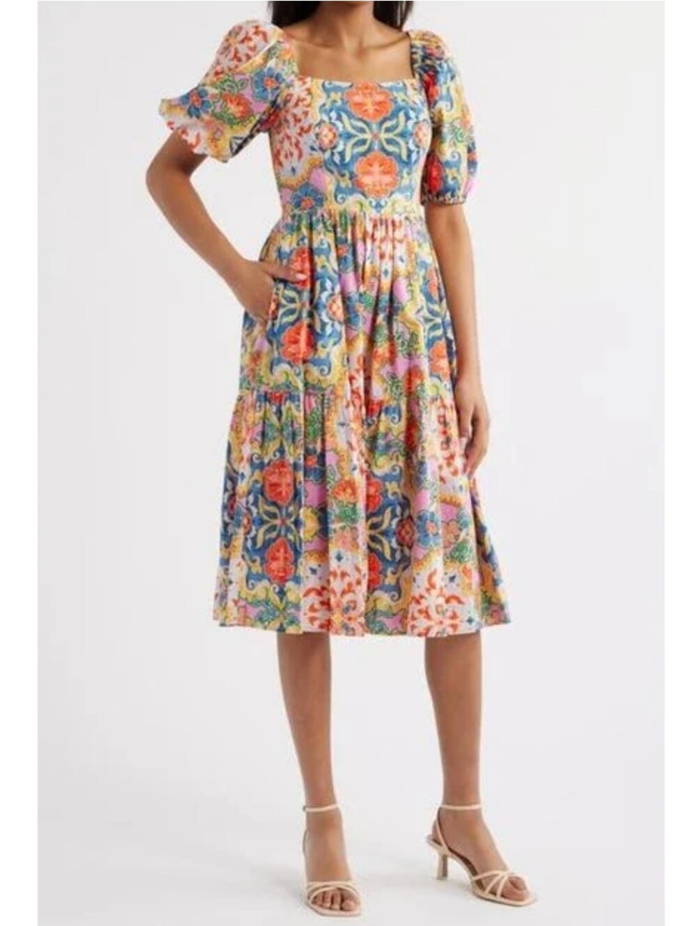 NWT Vince Camuto Multicolor Floral Patchwork Square-Neck Puff Sleeve Midi Dress